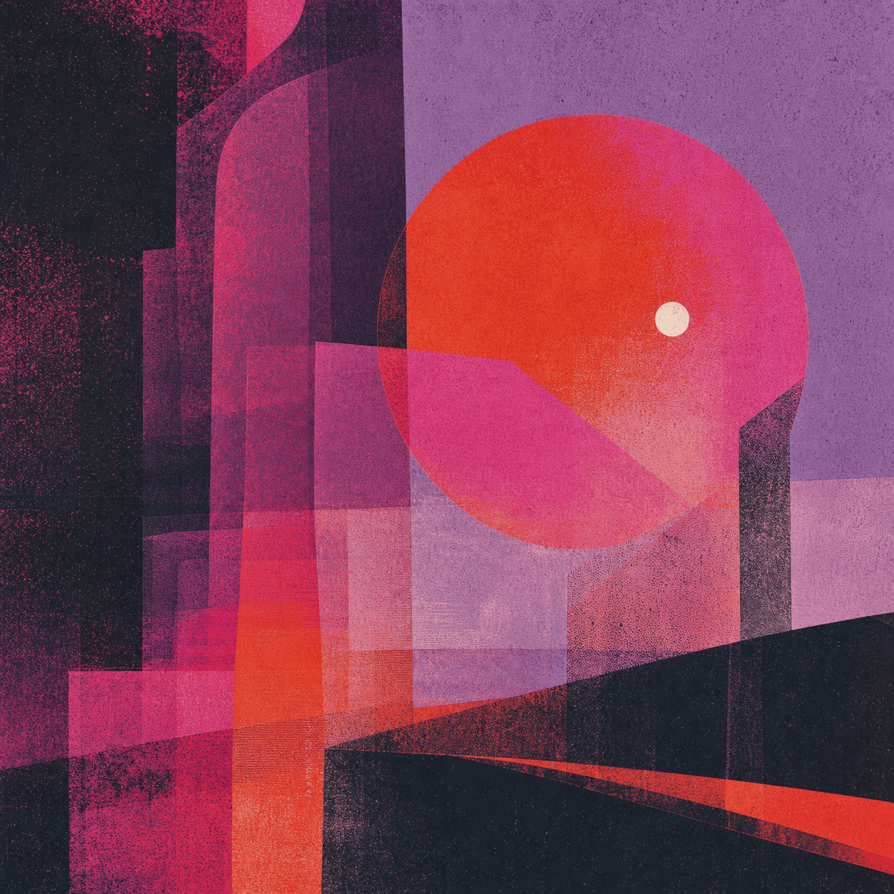 Original magenta, red-orange, lavender, and black abstract artwork for After Hours