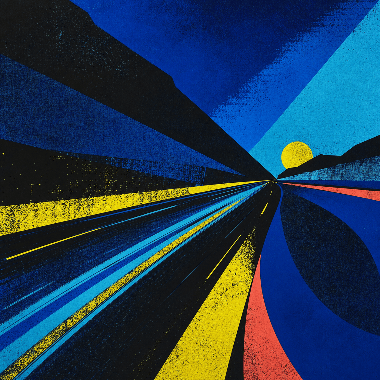 Original cobalt, cyan, yellow, and coral abstract artwork for Midnight Drive